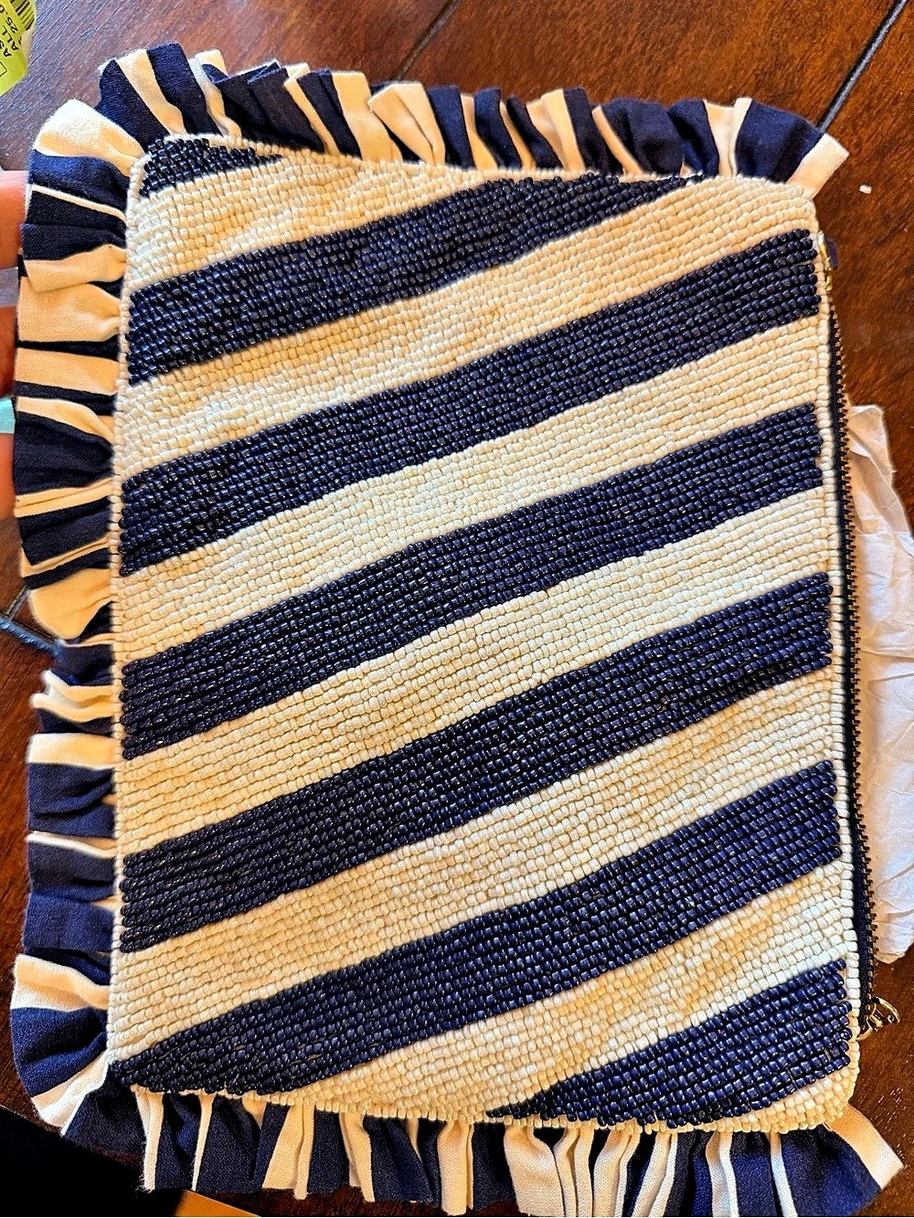 Anthropologie Beaded Monogram Clutch letter P  Striped Wristlet in Blue & Cream - Picture 4 of 4